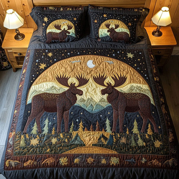 Celestial Duo quilted 3-piece bedding set on a made bed with two matching pillow shams