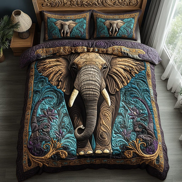 Celestial Elephant quilted 3-piece bedding set on a made bed with two matching pillow shams