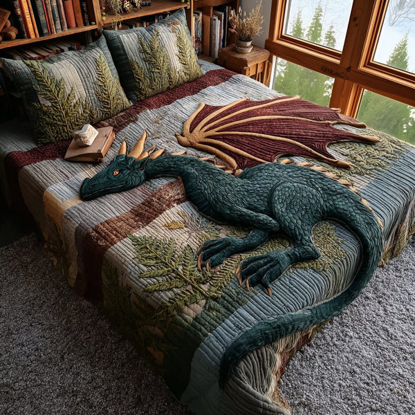 Celestial Fire Drake quilted 3-piece bedding set on a made bed with two matching pillow shams