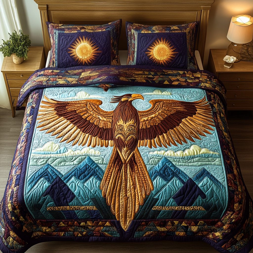 Celestial Flight quilted 3-piece bedding set on a made bed with two matching pillow shams