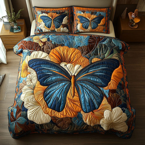 Celestial Flutter quilted 3-piece bedding set on a made bed with two matching pillow shams