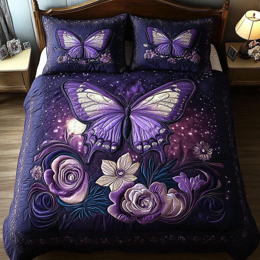 Celestial Flutter quilted 3-piece bedding set on a made bed with two matching pillow shams