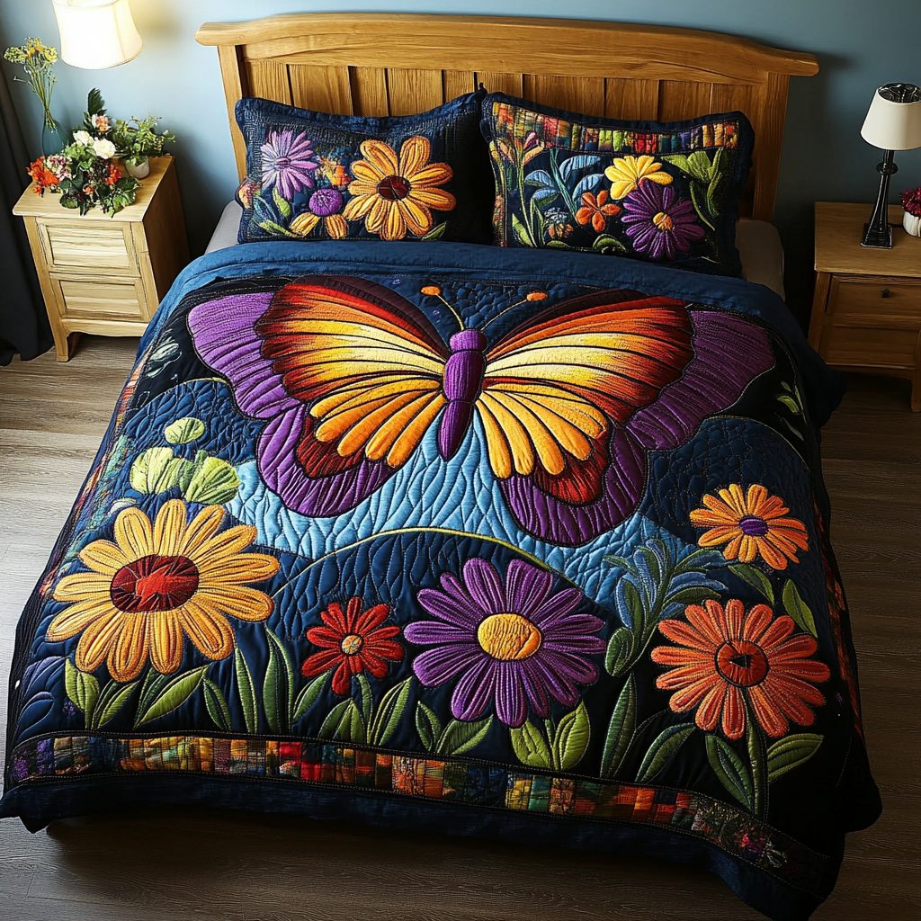Celestial Flutter quilted 3-piece bedding set on a made bed with two matching pillow shams