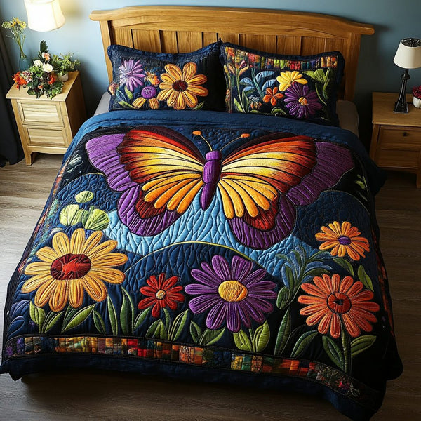 Celestial Flutter quilted 3-piece bedding set on a made bed with two matching pillow shams