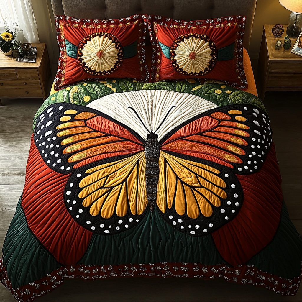 Celestial Flutter quilted 3-piece bedding set on a made bed with two matching pillow shams