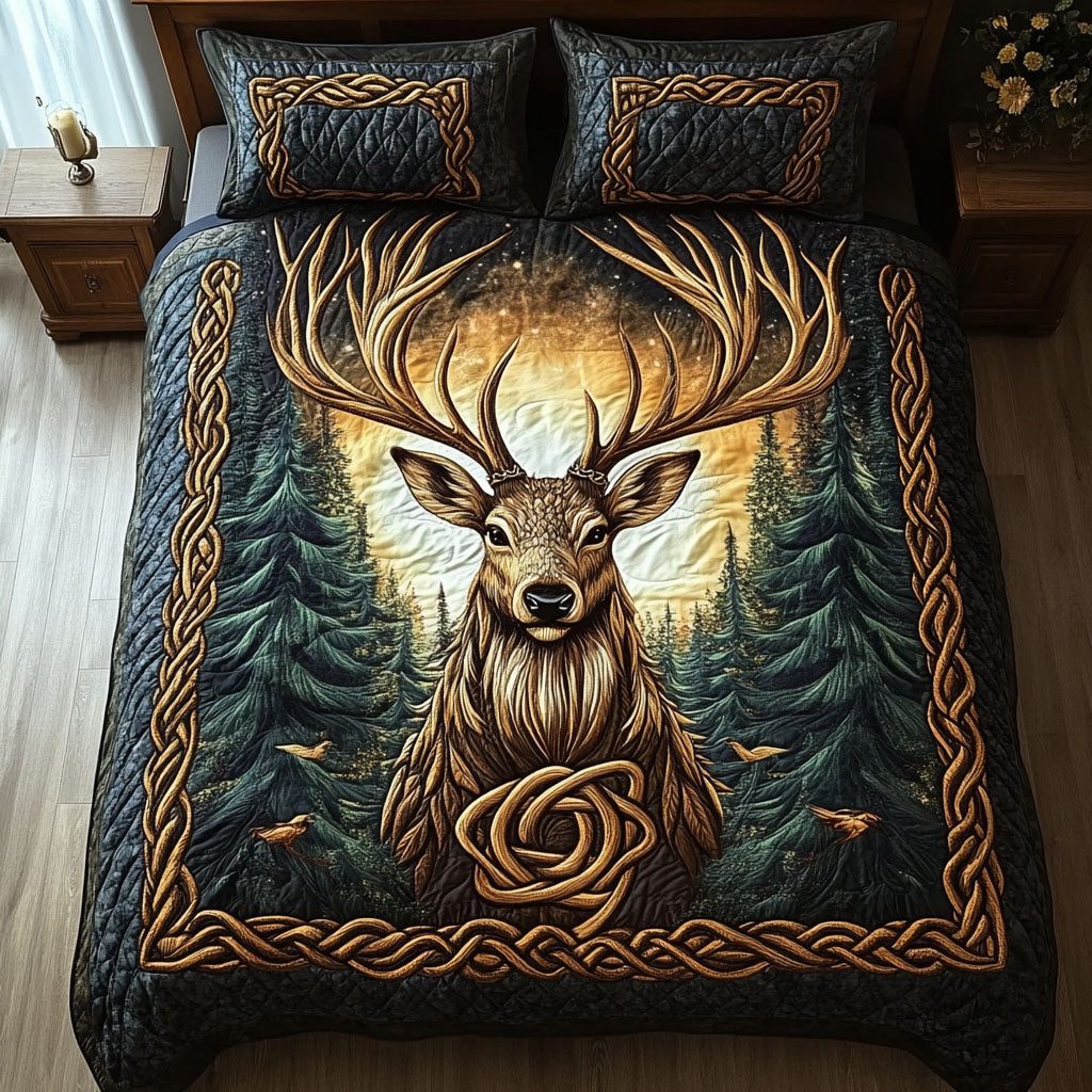 Celestial Forest Elegance quilted 3-piece bedding set on a made bed with two matching pillow shams