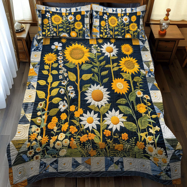Celestial Garden quilted 3-piece bedding set on a made bed with two matching pillow shams