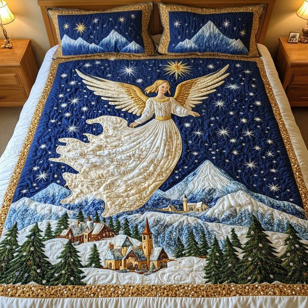 Celestial Glow quilted 3-piece bedding set on a made bed with two matching pillow shams