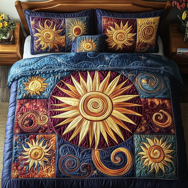 Celestial Glow quilted 3-piece bedding set on a made bed with two matching pillow shams
