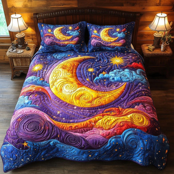 Celestial Glow quilted 3-piece bedding set on a made bed with two matching pillow shams