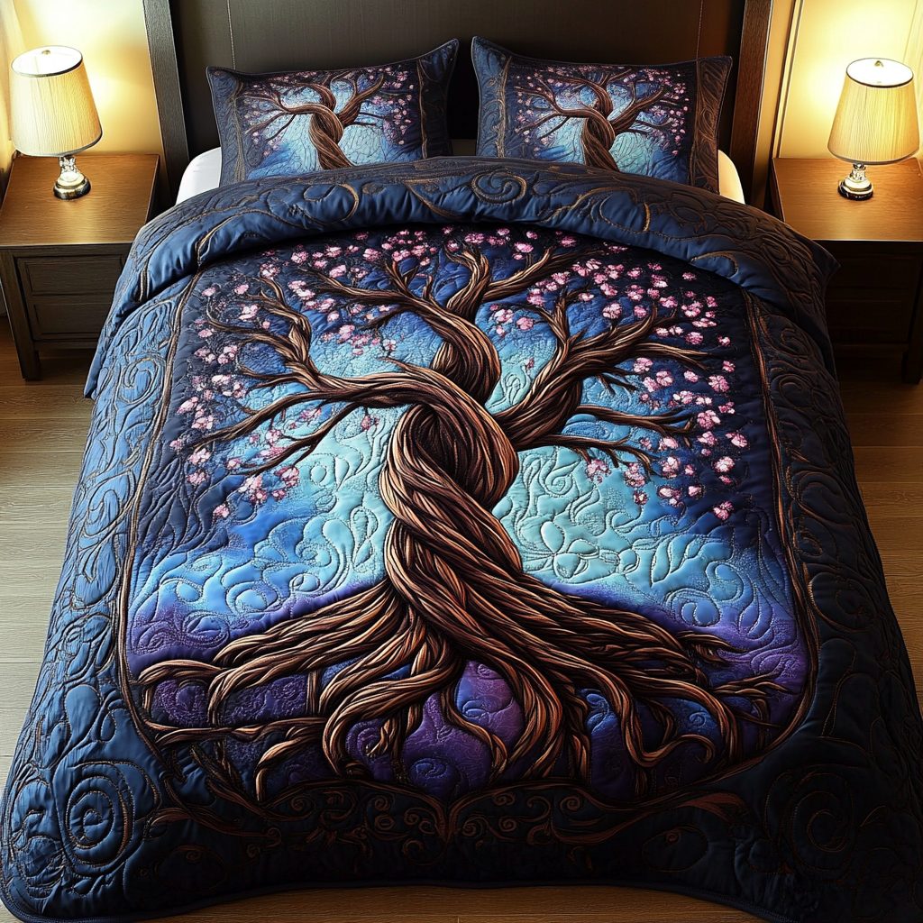 Celestial Grove quilted 3-piece bedding set on a made bed with two matching pillow shams
