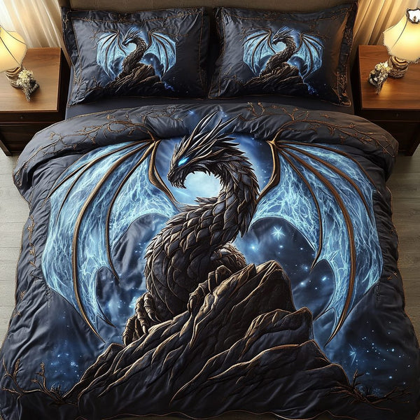 Celestial Guardian quilted 3-piece bedding set on a made bed with two matching pillow shams