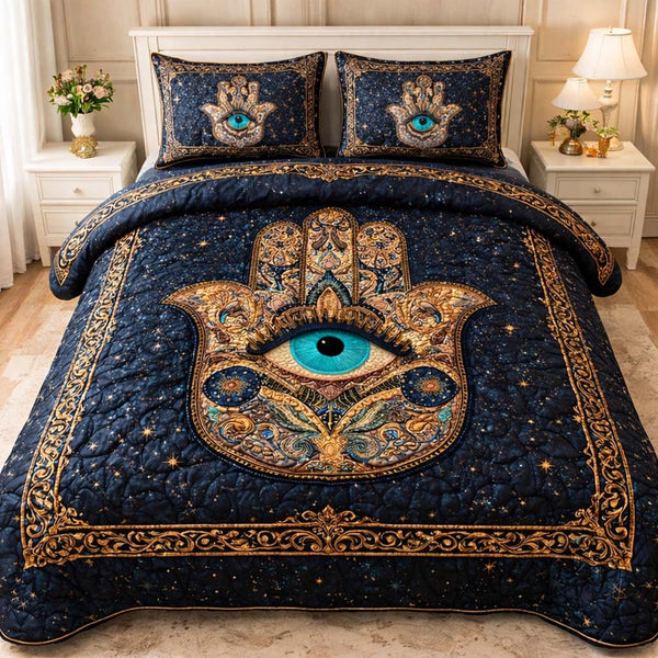 Celestial Hamsa Guardian quilted 3-piece bedding set on a made bed with two matching pillow shams