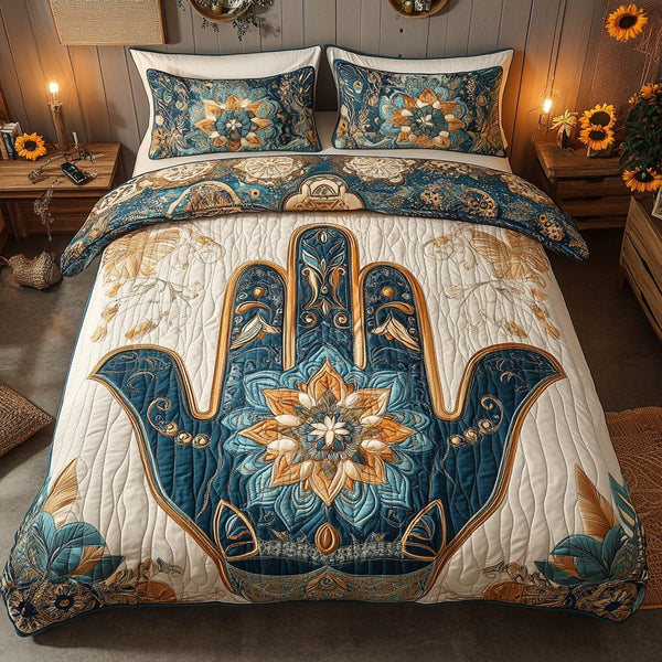 Celestial Hand quilted 3-piece bedding set on a made bed with two matching pillow shams