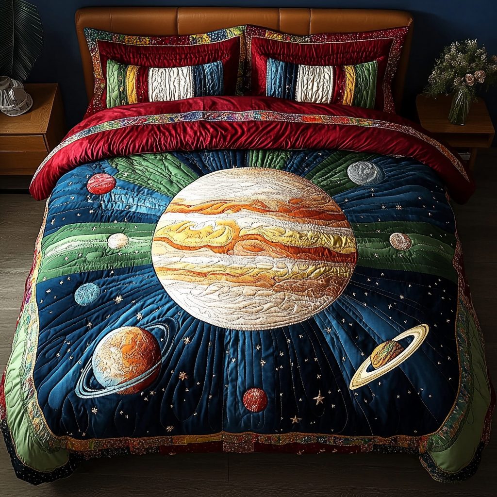 Celestial Harmony quilted 3-piece bedding set on a made bed with two matching pillow shams