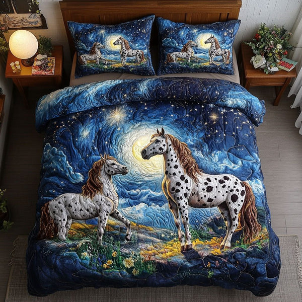 Celestial Herd quilted 3-piece bedding set on a made bed with two matching pillow shams