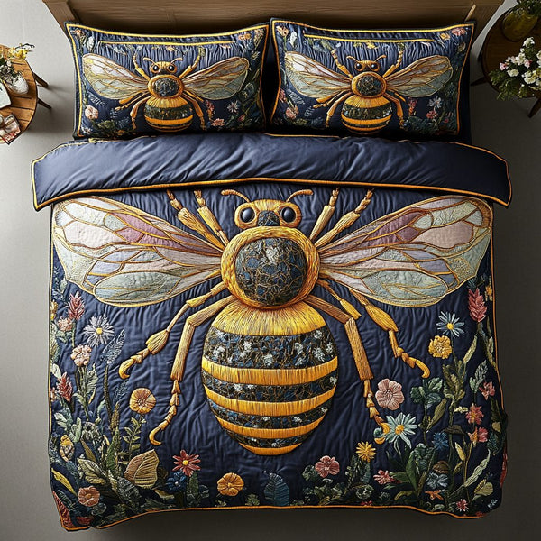 Celestial Honeybee quilted 3-piece bedding set on a made bed with two matching pillow shams