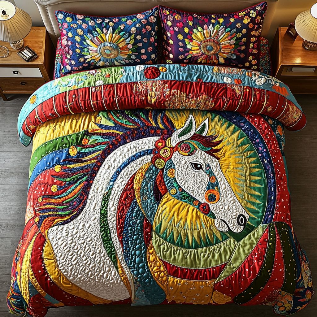 Celestial Hoof quilted 3-piece bedding set on a made bed with two matching pillow shams