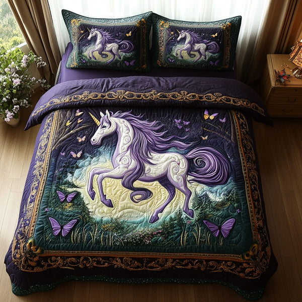 Celestial Horn quilted 3-piece bedding set on a made bed with two matching pillow shams