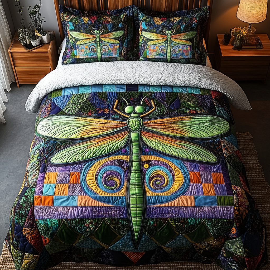 Celestial Hover quilted 3-piece bedding set on a made bed with two matching pillow shams