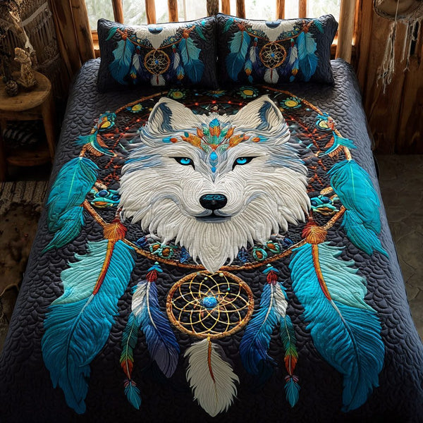 Celestial Howl quilted 3-piece bedding set on a made bed with two matching pillow shams