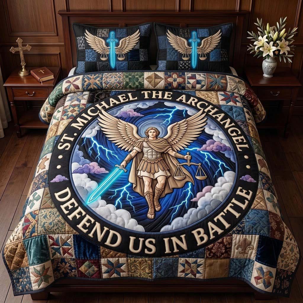 Celestial Judgment quilted 3-piece bedding set on a made bed with two matching pillow shams