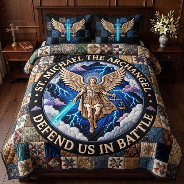 Celestial Judgment quilted 3-piece bedding set on a made bed with two matching pillow shams