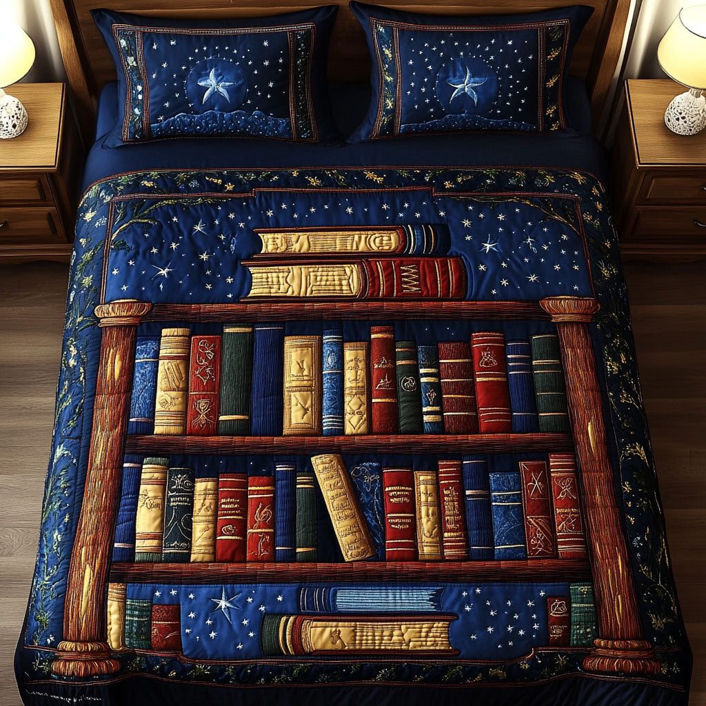 Celestial Library quilted 3-piece bedding set on a made bed with two matching pillow shams
