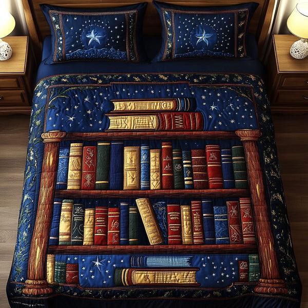 Celestial Library quilted 3-piece bedding set on a made bed with two matching pillow shams