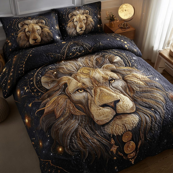 Celestial Lion quilted 3-piece bedding set on a made bed with two matching pillow shams