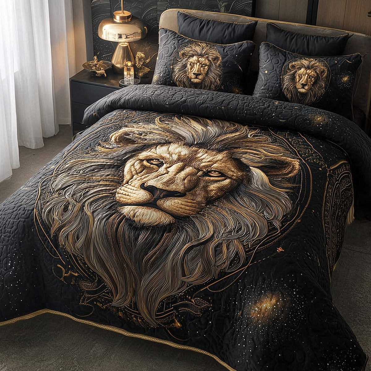 Celestial Lion quilted 3-piece bedding set on a made bed with two matching pillow shams