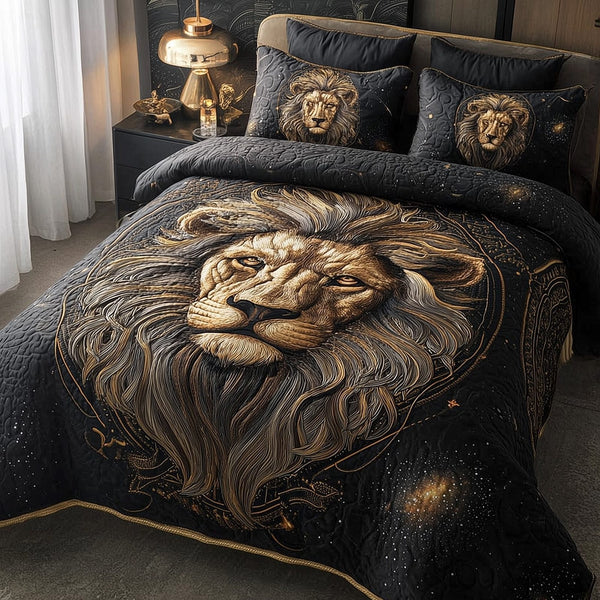 Celestial Lion quilted 3-piece bedding set on a made bed with two matching pillow shams
