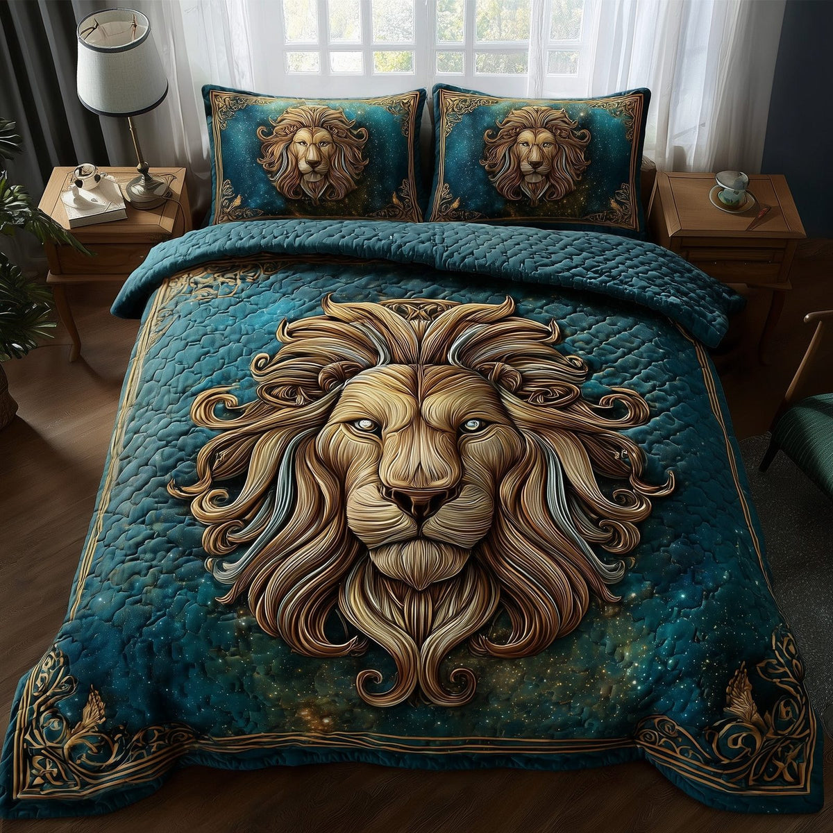Celestial Lion quilted 3-piece bedding set on a made bed with two matching pillow shams