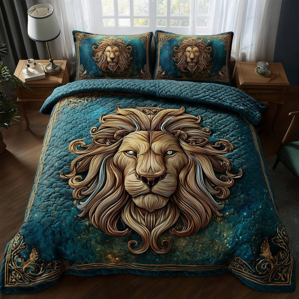 Celestial Lion quilted 3-piece bedding set on a made bed with two matching pillow shams