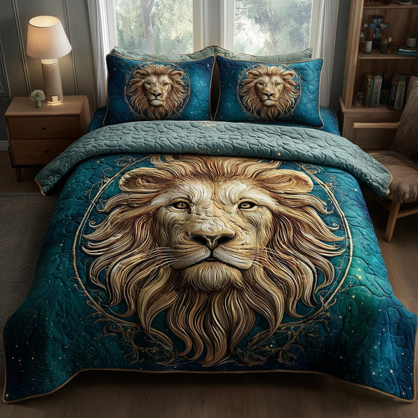 Celestial Lion quilted 3-piece bedding set on a made bed with two matching pillow shams