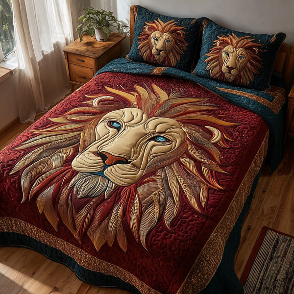 Celestial Lion quilted 3-piece bedding set on a made bed with two matching pillow shams