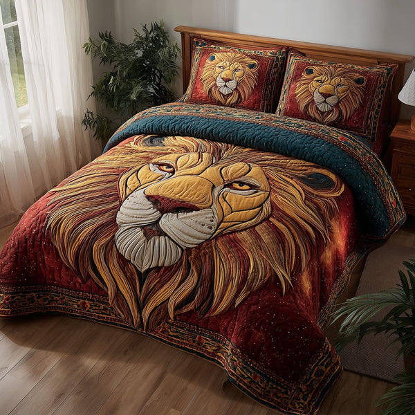 Celestial Lion quilted 3-piece bedding set on a made bed with two matching pillow shams