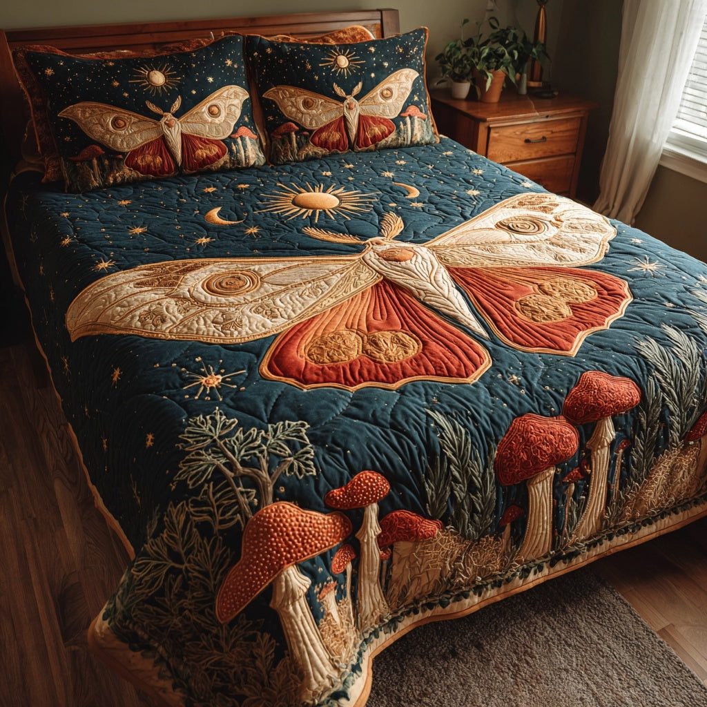 Celestial Moth quilted 3-piece bedding set on a made bed with two matching pillow shams