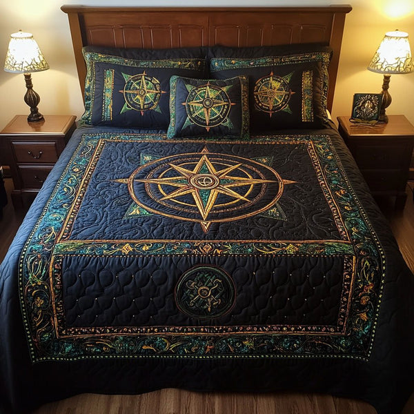 Celestial Navigator quilted 3-piece bedding set on a made bed with two matching pillow shams