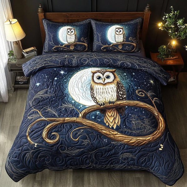 Celestial Owl quilted 3-piece bedding set on a made bed with two matching pillow shams