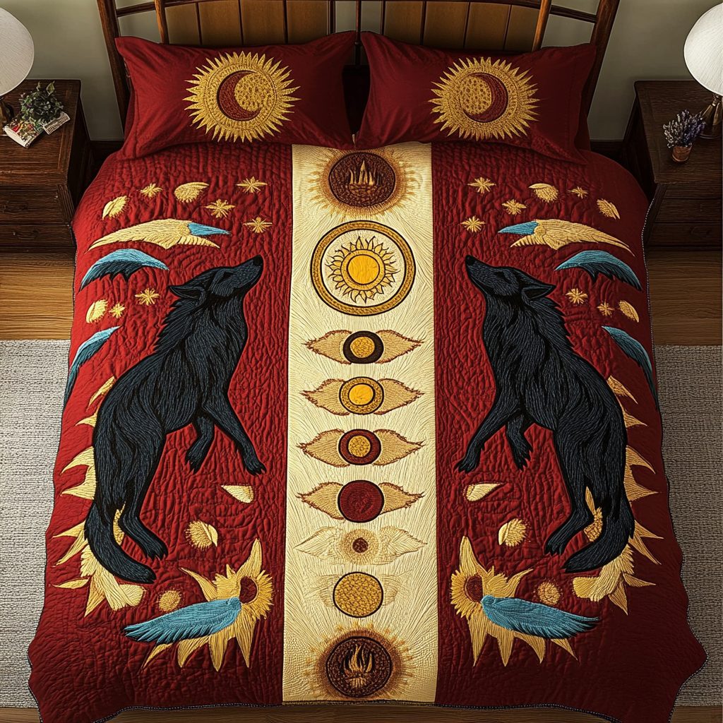 Celestial Pack quilted 3-piece bedding set on a made bed with two matching pillow shams