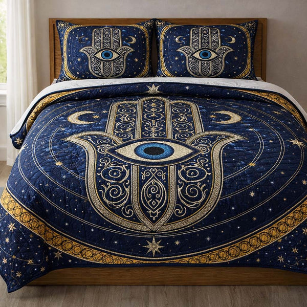Celestial Palm quilted 3-piece bedding set on a made bed in a light coastal bedroom