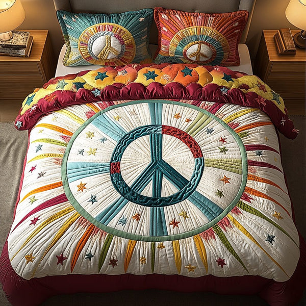 Celestial Peace quilted 3-piece bedding set on a made bed with two matching pillow shams