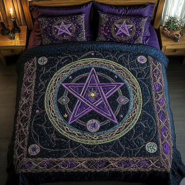 Celestial Pentagram quilted 3-piece bedding set on a made bed with two matching pillow shams