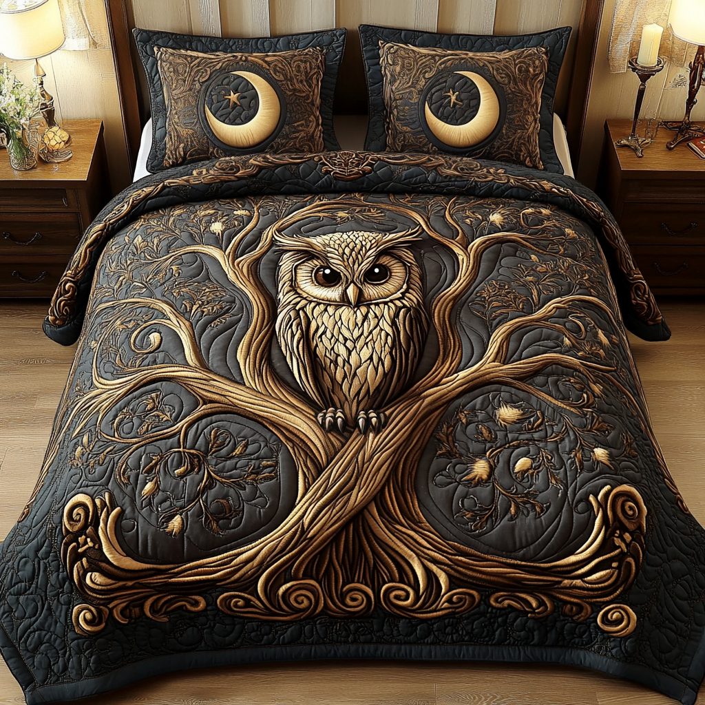 Celestial Perch quilted 3-piece bedding set on a made bed with two matching pillow shams