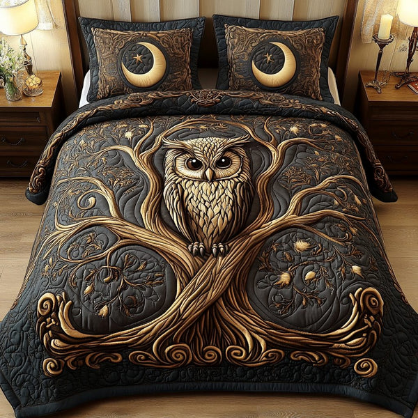 Celestial Perch quilted 3-piece bedding set on a made bed with two matching pillow shams