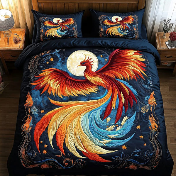 Celestial Phoenix quilted 3-piece bedding set on a made bed with two matching pillow shams