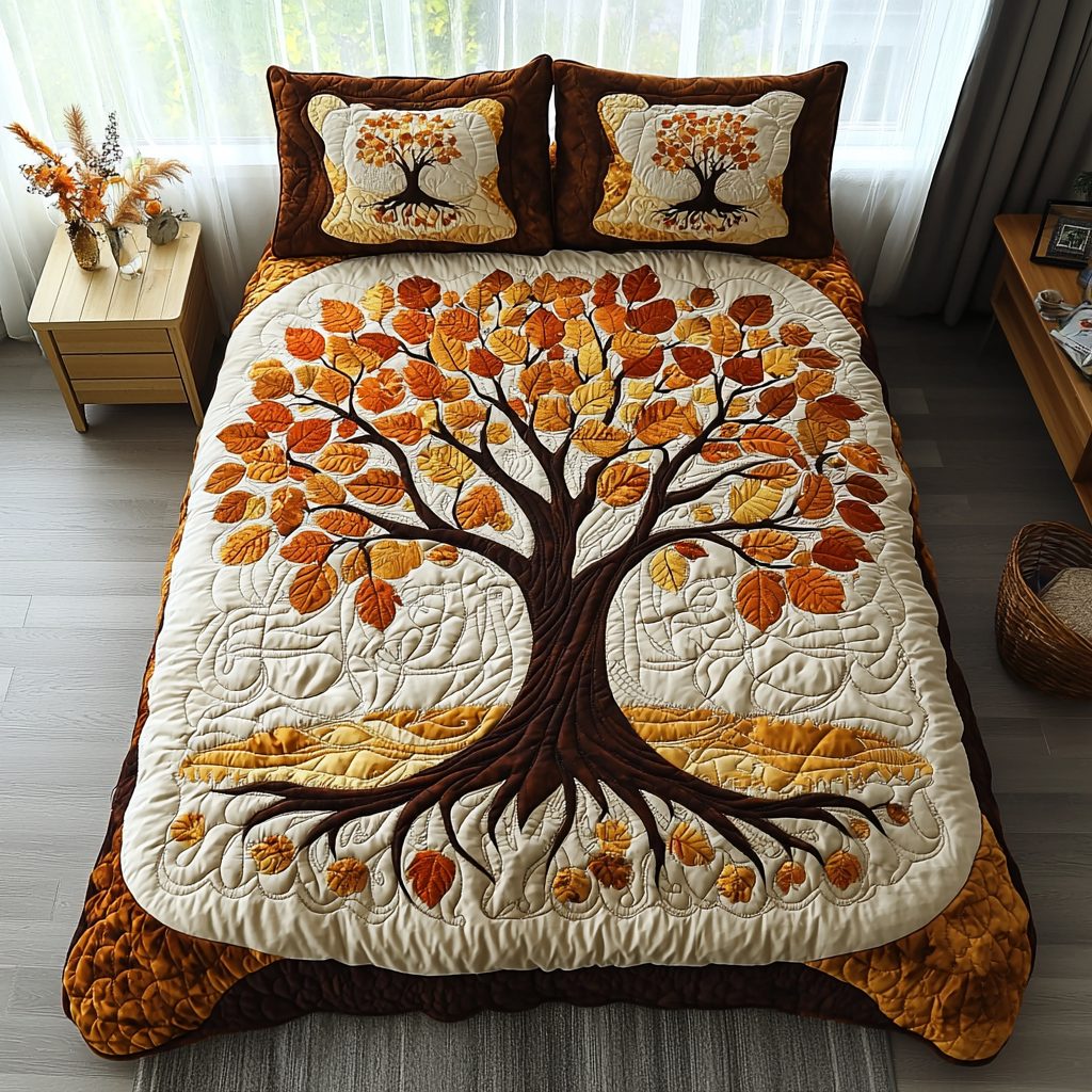 Celestial Roots quilted 3-piece bedding set on a made bed with two matching pillow shams