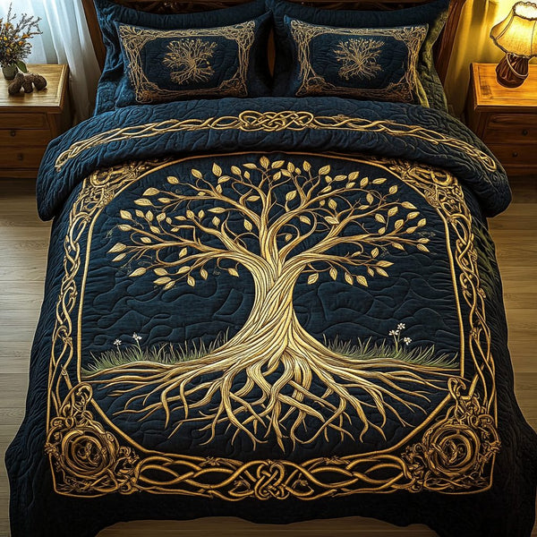 Celestial Roots quilted 3-piece bedding set on a made bed with two matching pillow shams