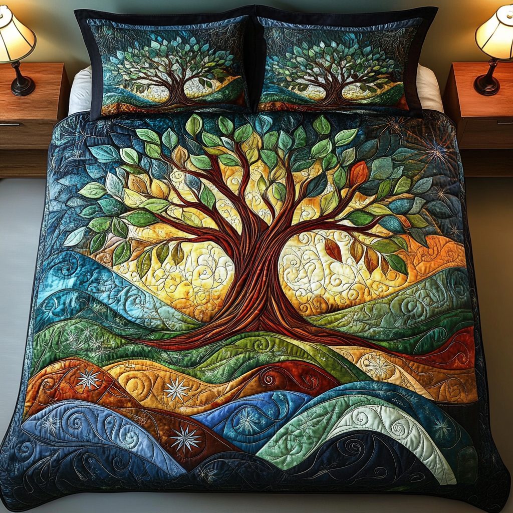 Celestial Roots quilted 3-piece bedding set on a made bed with two matching pillow shams